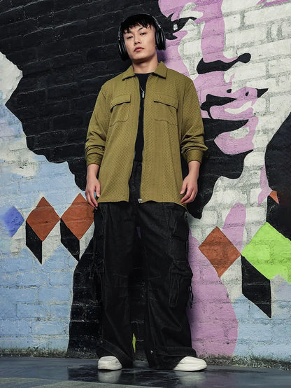 House Of Koala Olive Textured Drop-Shoulder Relaxed Fit Shirt Zipper Shacket