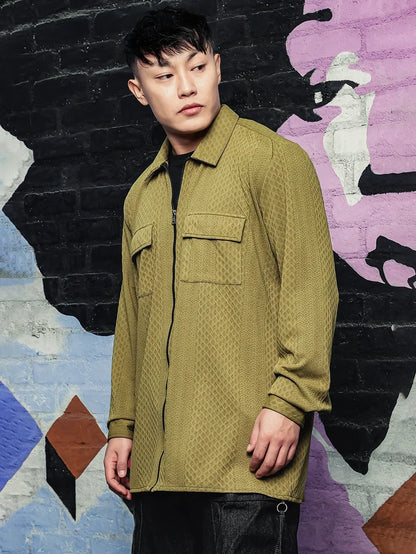 House Of Koala Olive Textured Drop-Shoulder Relaxed Fit Shirt Zipper Shacket