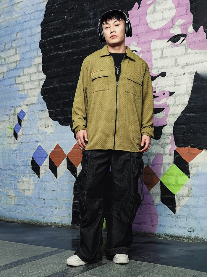 House Of Koala Olive Textured Drop-Shoulder Relaxed Fit Shirt Zipper Shacket