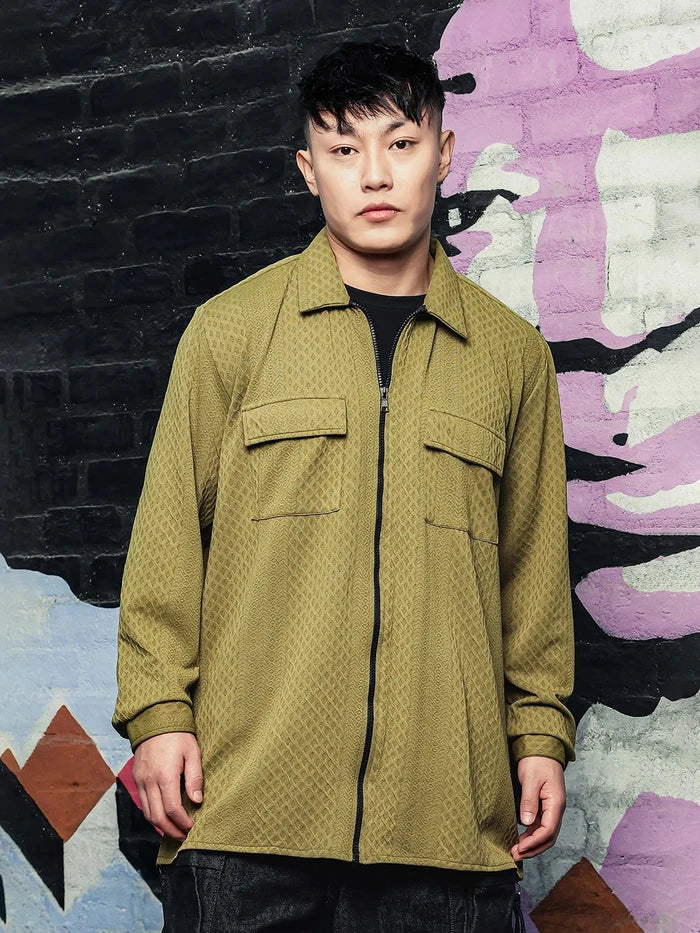 House Of Koala Olive Textured Drop-Shoulder Relaxed Fit Shirt Zipper Shacket