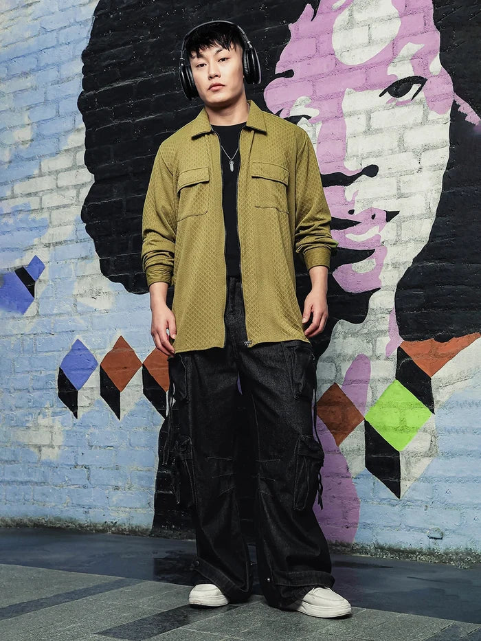 House Of Koala Olive Textured Drop-Shoulder Relaxed Fit Shirt Zipper Shacket