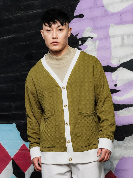 House Of Koala Olive Textured & Self Design V-Neck Knitted Cardigan