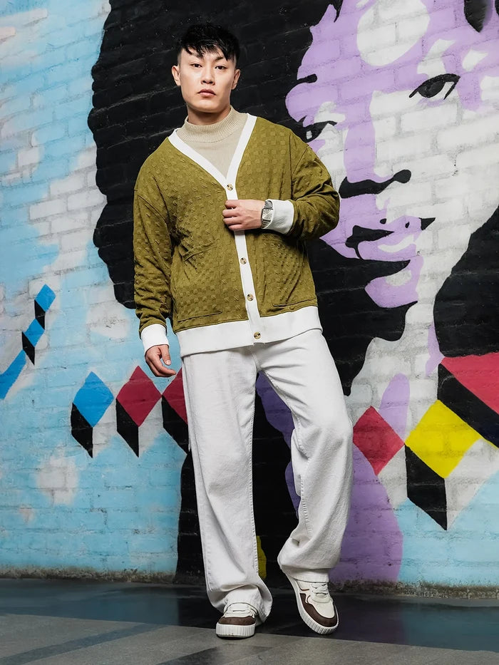 House Of Koala Olive Textured & Self Design V-Neck Knitted Cardigan