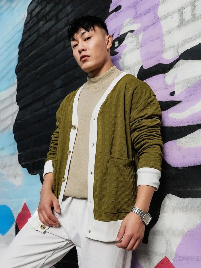 House Of Koala Olive Textured & Self Design V-Neck Knitted Cardigan