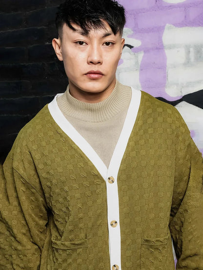 House Of Koala Olive Textured & Self Design V-Neck Knitted Cardigan