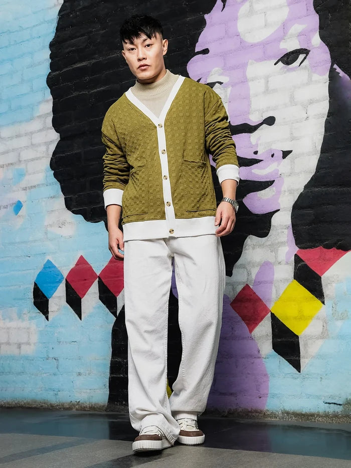 House Of Koala Olive Textured & Self Design V-Neck Knitted Cardigan