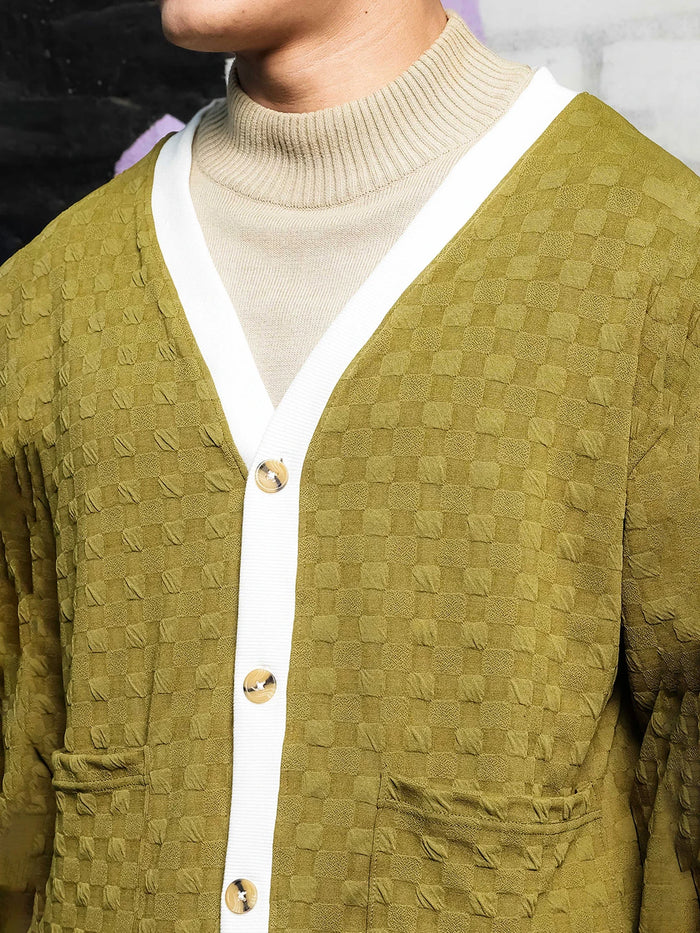 House Of Koala Olive Textured & Self Design V-Neck Knitted Cardigan