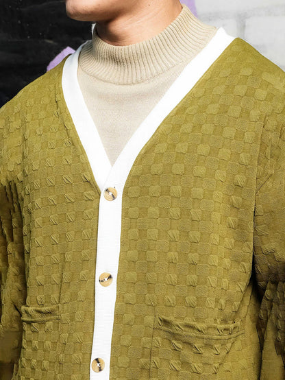 House Of Koala Olive Textured & Self Design V-Neck Knitted Cardigan
