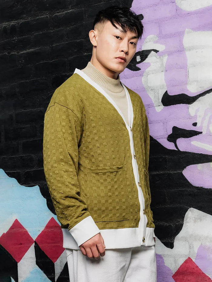 House Of Koala Olive Textured & Self Design V-Neck Knitted Cardigan