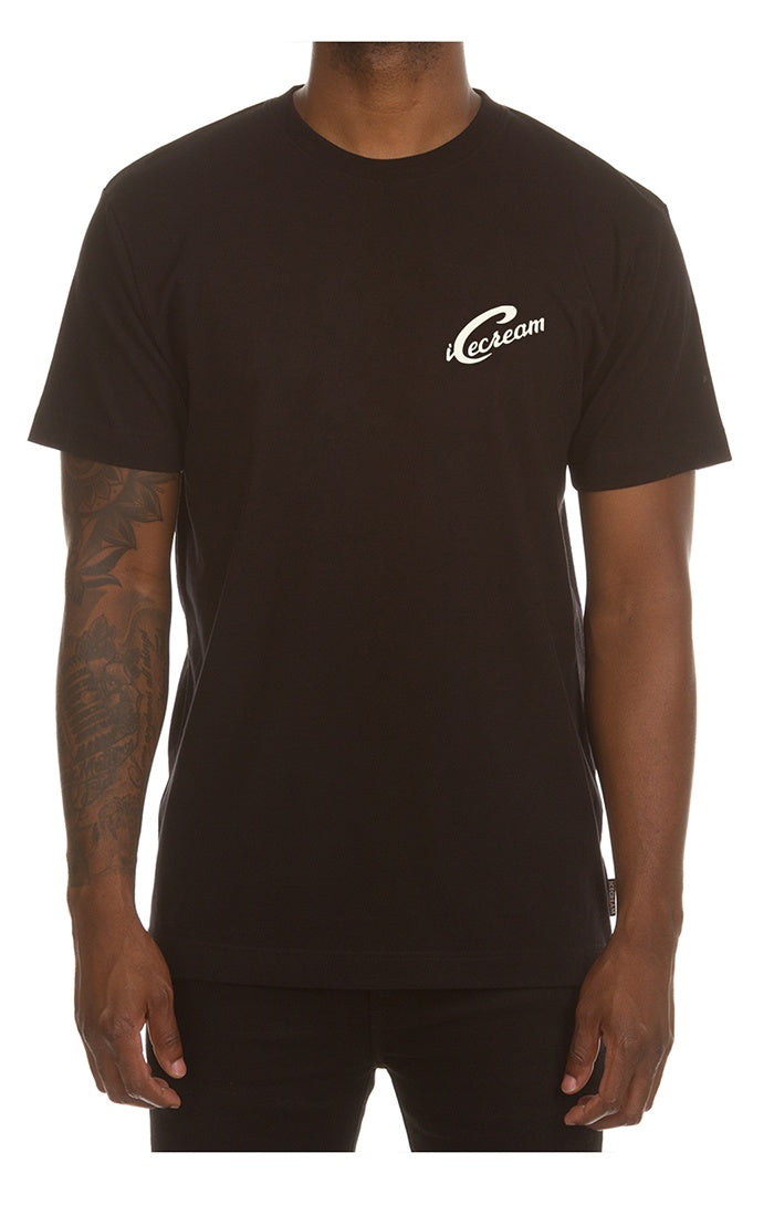 A black short-sleeve T-shirt featuring a graphic design of an ice cream waitress for casual wear