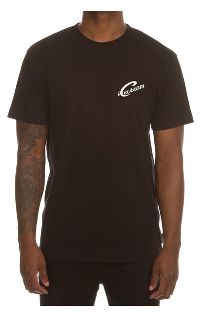 A black short-sleeve T-shirt featuring a graphic design of an ice cream waitress for casual wear