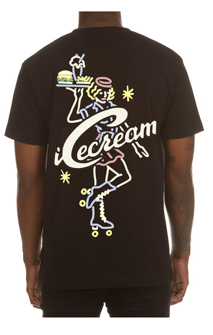 A black short-sleeve t-shirt featuring a graphic design of an ice cream waitress with a stylish modern look