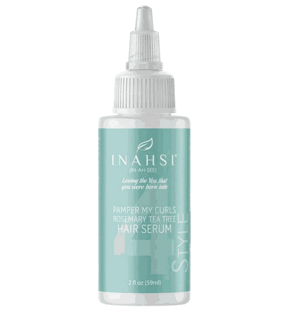 Inahsi Pamper My Curls Rosemary Tea Tree Hair Serum bottle with natural oils for frizz control and scalp soothing