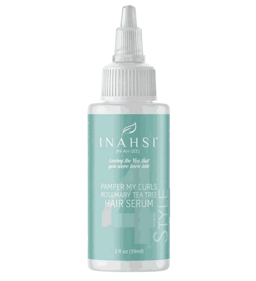 Inahsi Pamper My Curls Rosemary Tea Tree Hair Serum bottle with natural oils for frizz control and scalp soothing