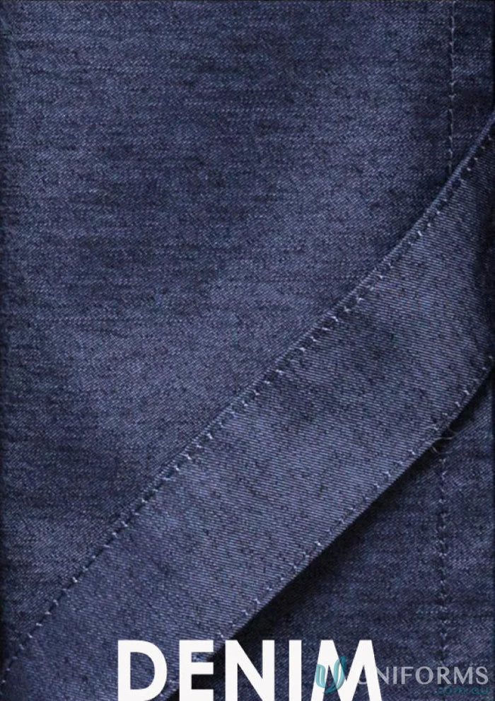 Blue denim fabric on INFINITY Half Waist Apron with work uniforms and antique brass fittings
