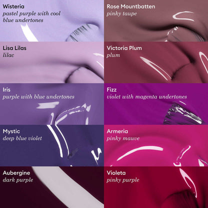 A grid of nine purple nail polishes, including Wisteria by Manucurist (pastel purple gel polish), Lisa Lilas, Iris, Mystic, Aubergine, Rose Mountbatten, Victoria Plum, Fizz Armeria, and Violeta—ideal for LED gel polish fans.