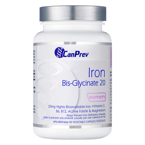 Bottle of CanPrev Iron Bis-Glycinate 20 Women 90 Vegetable Capsules