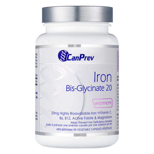 Bottle of CanPrev Iron Bis-Glycinate 20 Women 90 Vegetable Capsules