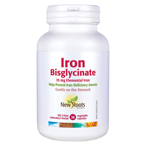 Bottle of New Roots Iron Bisglycinate 35mg 30 Vegetable Capsules