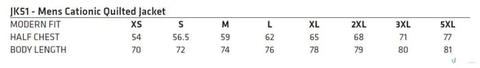 Men’s jacket size chart for Winning Spirit Jasper Cationic Quilted Jacket with jasper cationic fabric