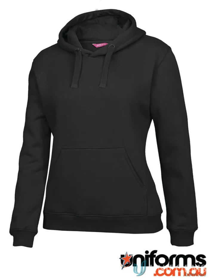 Black hooded sweatshirt from JBs Ladies Fleecy Hoodie with interchangeable drawcord colours