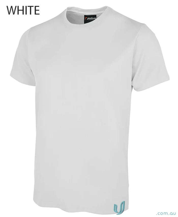 White short-sleeved JB’S Wear Podium Poly Tee perfect for sun protection for kids