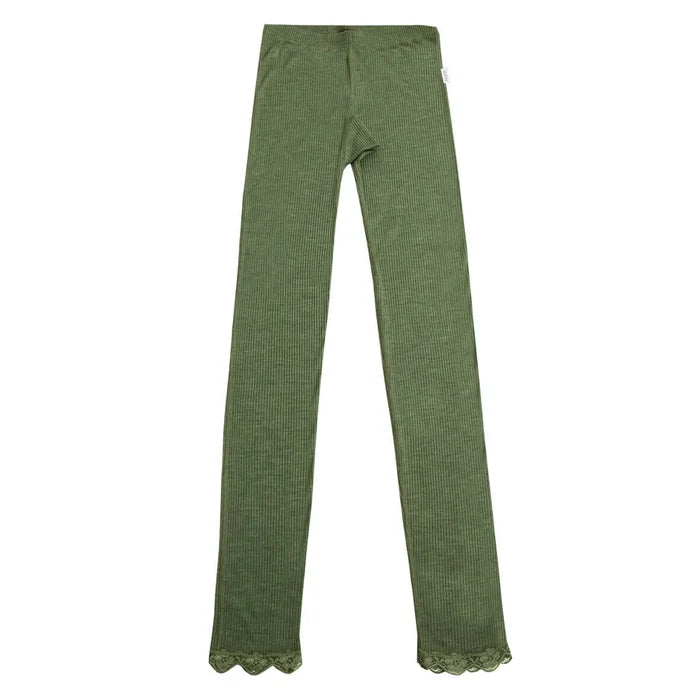 Joha uld-silke leggings med blondekant olivengrøn