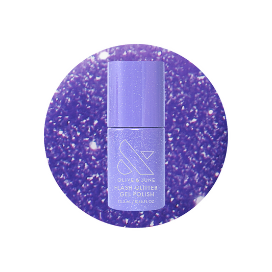 Karaoke is a Good Time Gel bottle with vibrant purple flash glitter gel polish for long-lasting manicure sparkle