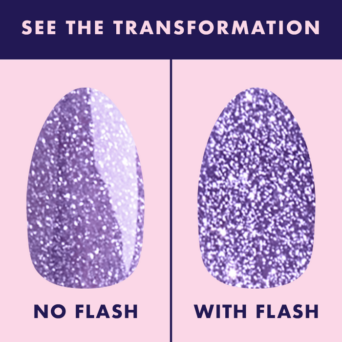Karaoke is a Good Time Gel swatch showing purple flash glitter polish without and with flash for sparkling manicure