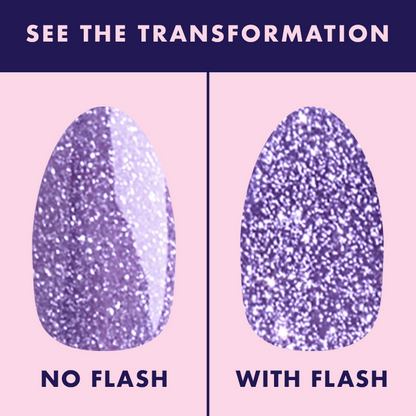 Karaoke is a Good Time Gel swatch showing purple flash glitter polish without and with flash for sparkling manicure