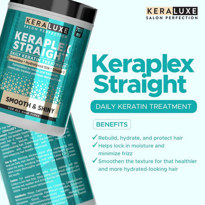 KERA LUXE Salon Perfection Keraplex Straight Daily Keratin Treatment Shiny & Frizz 700ml كيرا لوكس صالون بيرفيكشن كيرا بليكس ستريت علاج يومي بالكيراتين للشعر اللامع والمجعد - Princess Cosmetics Qatar