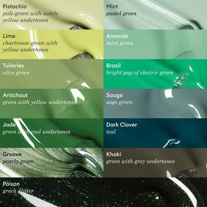 A chart shows 12 Manucurist green nail polish swatches—Pistachio, Lime, Petit Pois, Tuileries, Artichaut, Jade, Poison, Mint, Amande, Brazil, Sauge, Dark Clover—with Khaki featuring unique grey undertones.