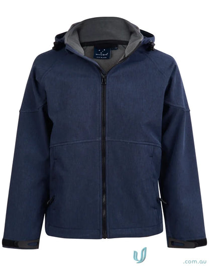 Kids Aspen Softshell Hooded Jacket in navy blue for spirit kids, jk33k cozy softshell hood jacket