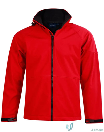 Kids Aspen Softshell Hooded Jacket in red with black trim, perfect for Spirit Kids jk33k