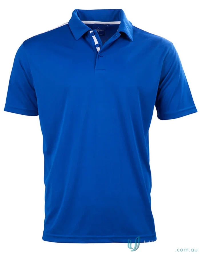 Kids Staten Rapid polo shirt in vibrant blue with white and blue stripes and shoulder detail