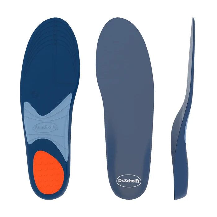 Blue orthotic insoles with orange cushioning and Dr. Scholl's logo, side and back views