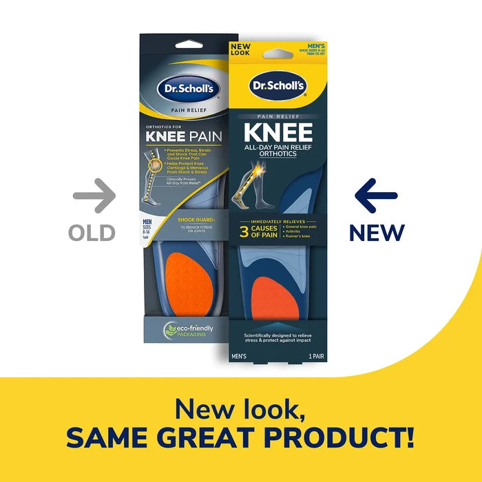 Dr. Scholl's knee pain orthotics packaging showing new look insole pair