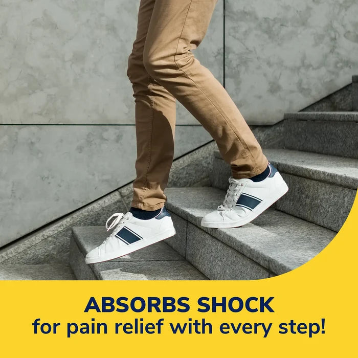 Men's sneakers with orthotic shock absorption concept shown on stairs