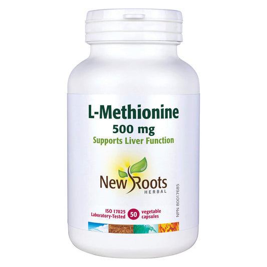 Bottle of New Roots L-Methionine 500mg 50 Vegetable Capsules