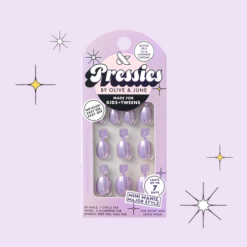 La La Lavender Chrome - Pressies | Extra Short Short | Round showing lavender chrome press on nails in packaging for kids and tweens