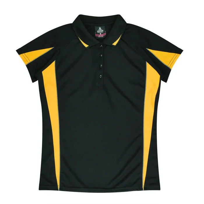 Ladies Eureka Polo black yellow striped short sleeve collar