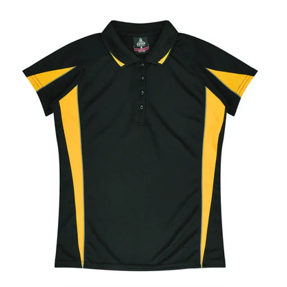 Ladies Eureka Polo black yellow striped short sleeve collar