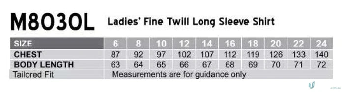 Ladies shirt size chart for Winning Spirit Ladies womens fine twill M8030L shirt