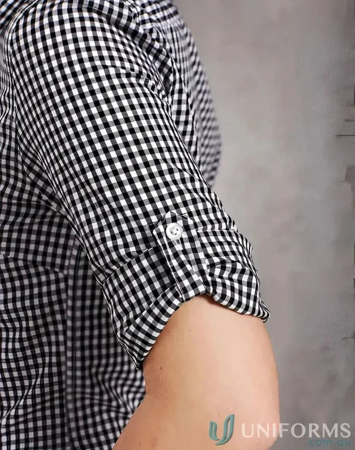 Winning Spirit Ladies Gingham Roll Up Sleeve Tab shirt with black and white checkered print