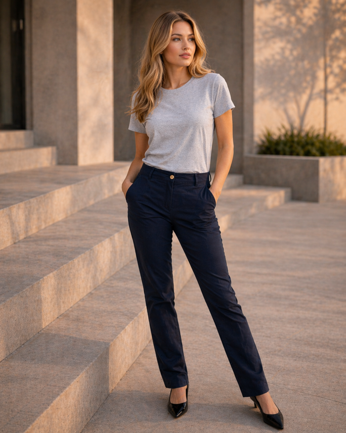 Navy blue ladies lawson chino pants with a sleek straight-leg cut perfect for workwear and uniforms