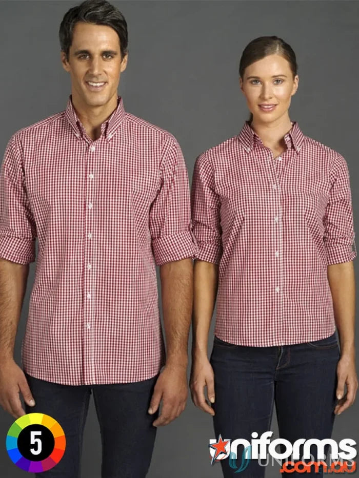 Ladies Miller Gingham Check LS Shirt with matching red and white checkered pattern, perfect for workwear or uniforms