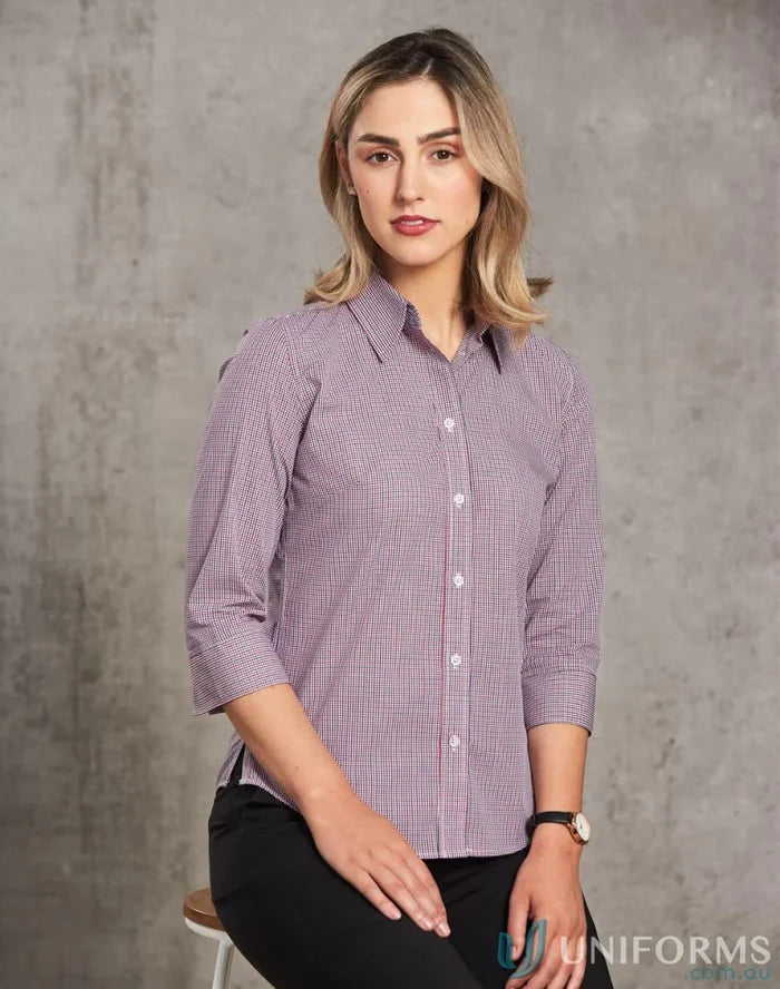 Winning Spirit Ladies mini gingham 3/4 sleeve shirt with collar and button-down style