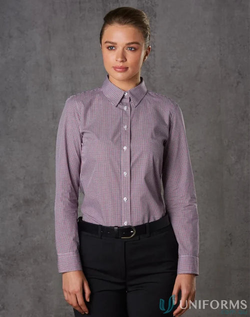 Winning Spirit Ladies mini gingham long-sleeved two tone button-down shirt for women