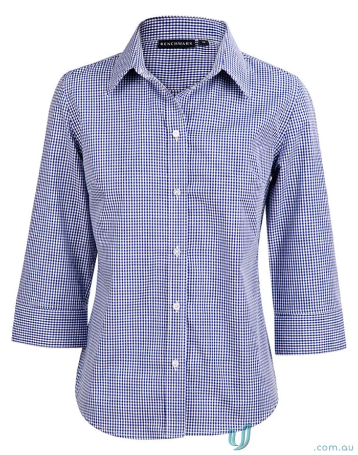 Blue and white checkered ladies multi-tone check 3/4 sleeve shirt from Winning Spirit Ladies
