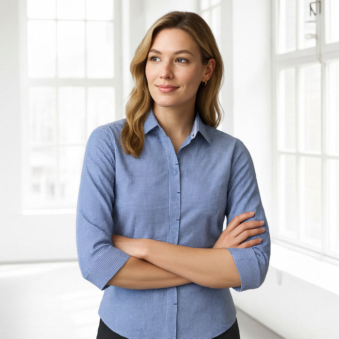 Ladies Newport 3qtr blue white checkered shirt for retail staff